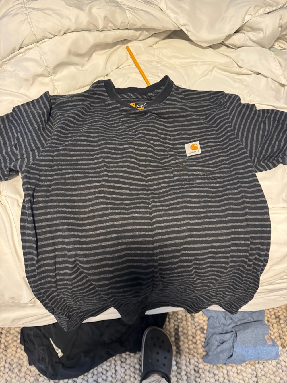 Carhartt Black and Gray Striped Crewneck Pocket Tee